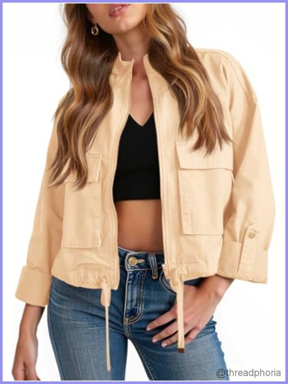 Cotton Cropped Zip Up Military Utility Jacket with Pockets
